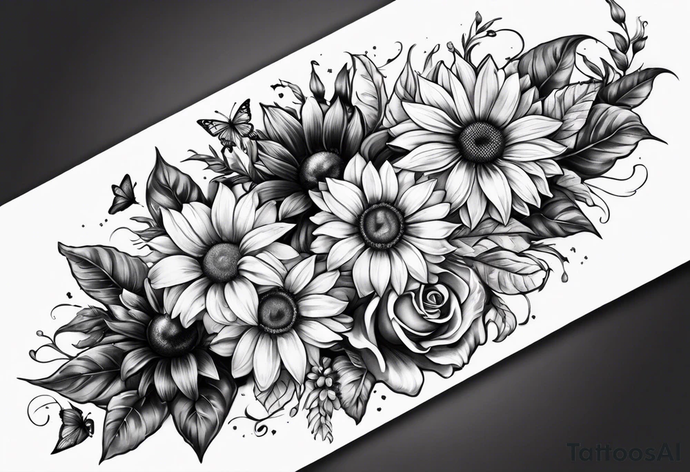 Forearm half sleeve with lilly sunflower flowers & small butterflies incorporating the names Harvey & Ruby with stars, books, fantasy & dragons themed tattoo idea