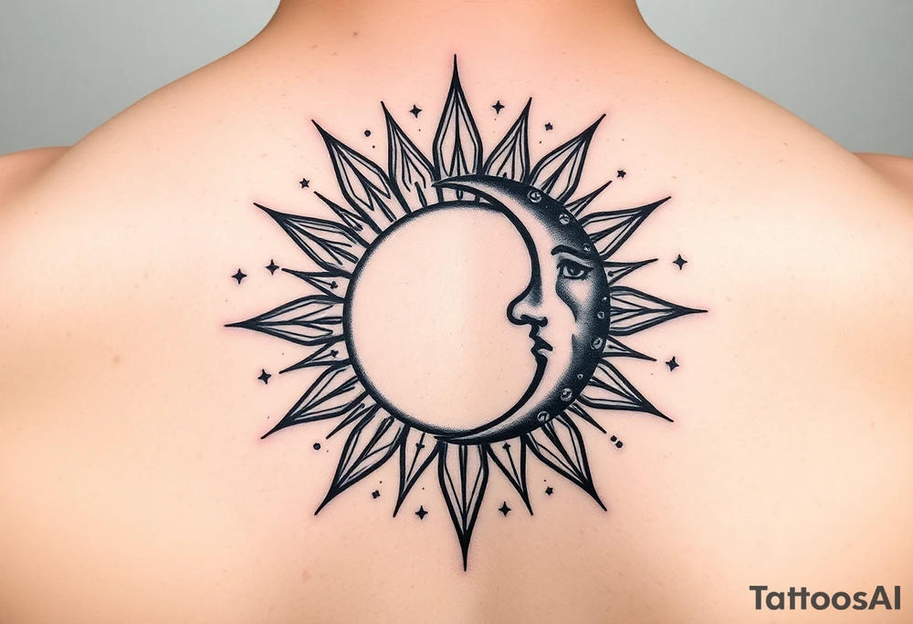 celestial sun and moon embrace with constellation patterns tattoo idea