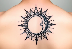 celestial sun and moon embrace with constellation patterns tattoo idea