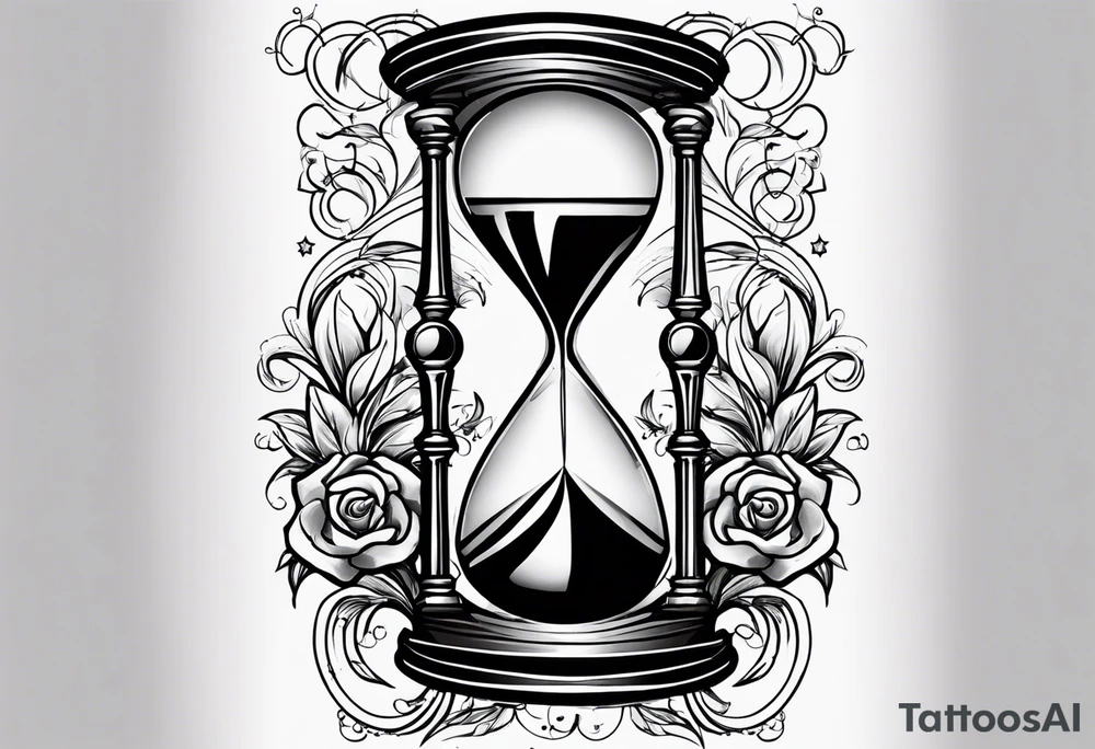 Draw me a tattoo located on the shoulder and upper arm of a man. The tattoo represents a clock in an hourglass with Roman numerals in the background. It is a symbol of the passing of time. tattoo idea