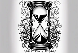 Draw me a tattoo located on the shoulder and upper arm of a man. The tattoo represents a clock in an hourglass with Roman numerals in the background. It is a symbol of the passing of time. tattoo idea