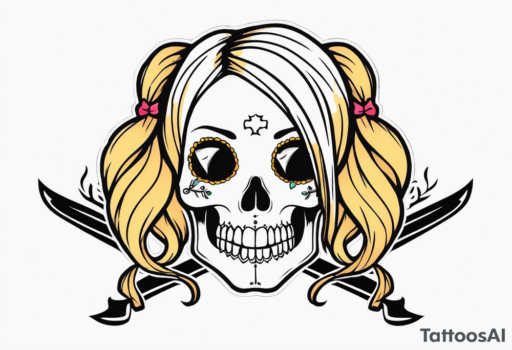 feminine skull  with hair in two blonde pigtails and crossbones underneath tattoo idea