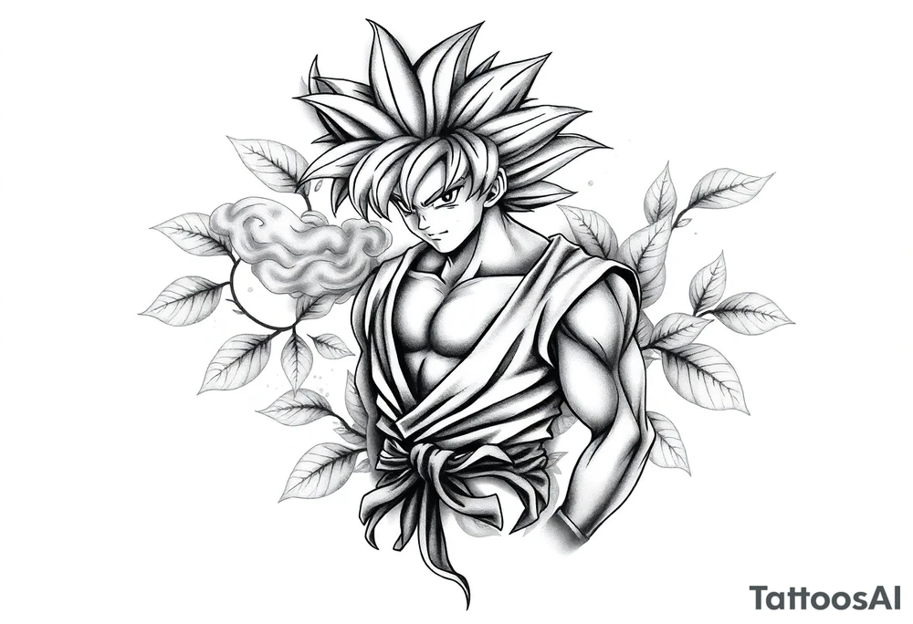 Tattoo design of Son Goku with smoke flowing through his body, surrounded by leaves in negative space effect, featuring soft shading around the edges and dotwork shading inside, with multiple contrast levels throughout. Highly detailed, intricate design with dynamic composition, emphasizing the interaction between the smoke and character, with the negative space leaves creating depth and balance. Professional tattoo art style with clean lines and sophisticated shading techniques. tattoo idea