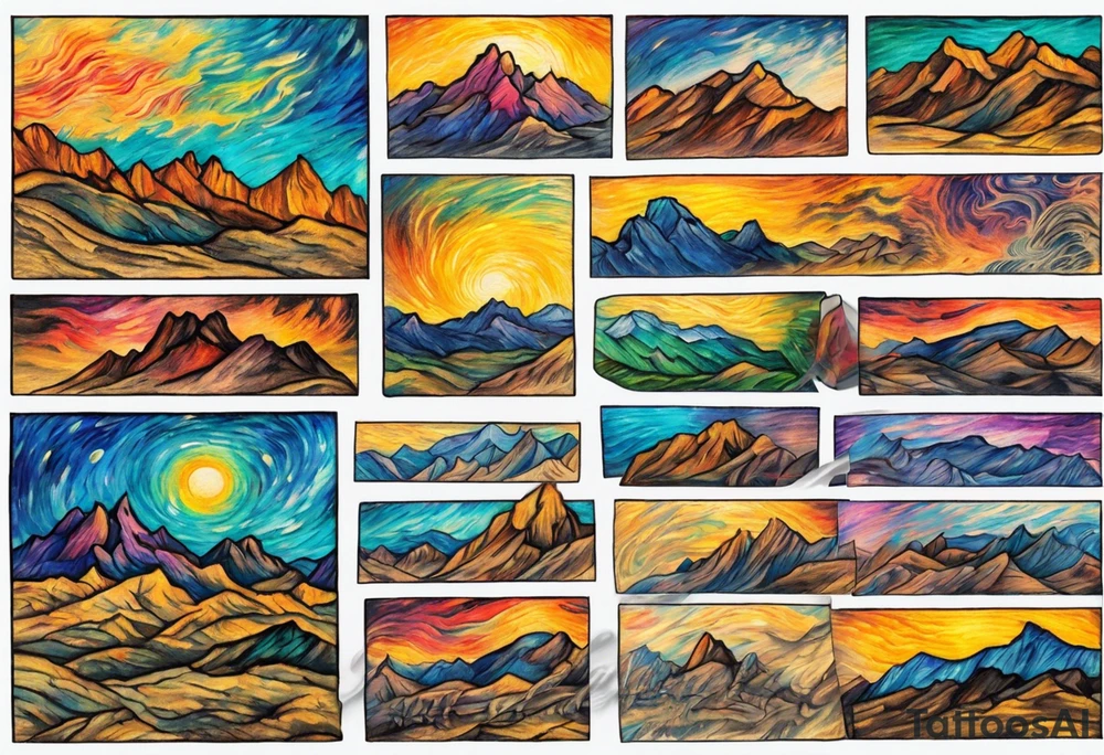 Small tattoo of New Mexico mountains, Van Gogh style, vibrant colors, swirling brushstrokes, detailed peaks, high quality, Van Gogh style, vibrant colors, swirling brushstrokes, detailed, professional, atmospheric lighting tattoo idea