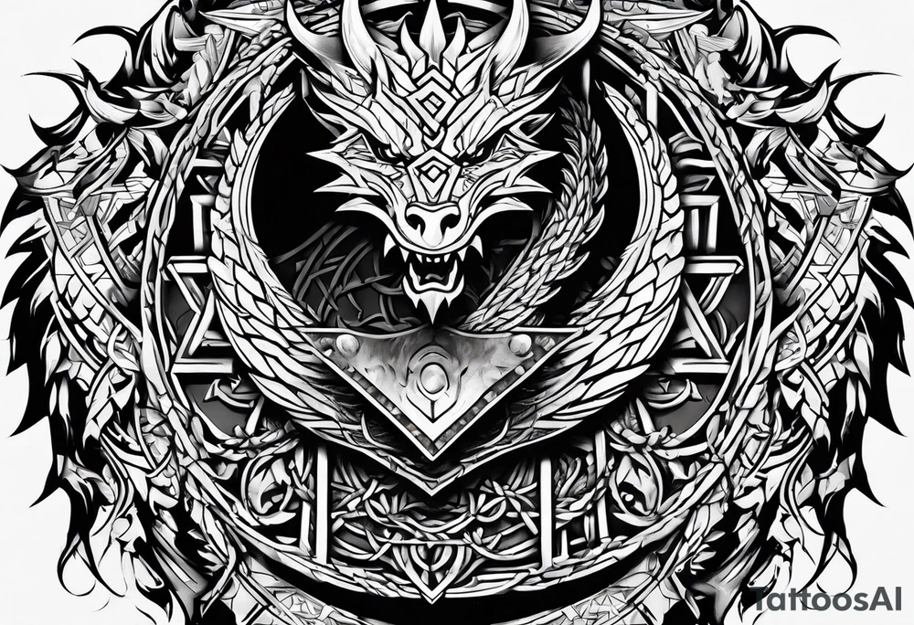 Valhalla sword shield dragon axe Valknut barbed wire chains tribal tattoo idea Valhalla sword shield dragon axe Valknut barbed wire chains tribal tattoo idea