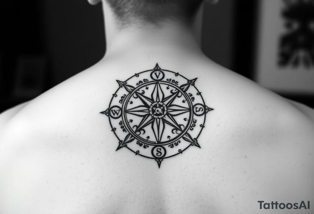 Create a line work Viking compass using symbols for protection, wisdom, and knowledge from both the Aztec and Viking cultures. Make the image very simple and able to print. Outline only not a lot of thick black use Elder Futhark runes for protection, wisdom and luck. tattoo idea