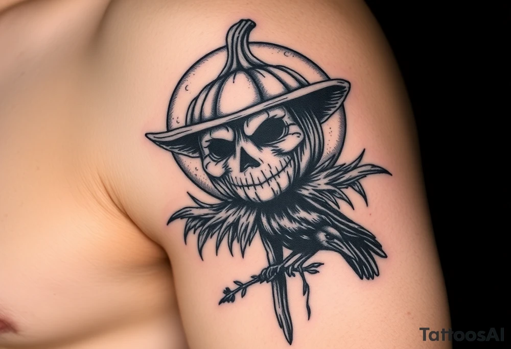 realistic sentinel pumpkin head scarecrow. drawn raven at the base of the scarecrow. full moon in the background tattoo idea