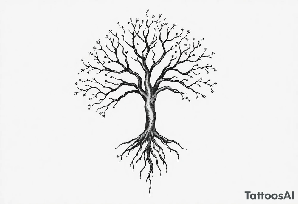 mystical tree of life with cosmic roots and celestial branches tattoo idea