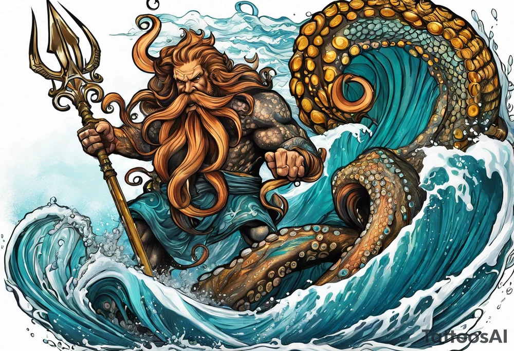 Octopus krake monster pulling Poseidon with his trident tattoo idea