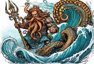Octopus krake monster pulling Poseidon with his trident tattoo idea