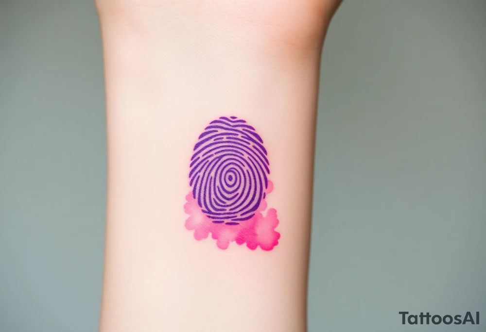 A single fingerprint in vibrant purple and pink hues, fading into a delicate watercolor background, symbolizing individuality and love tattoo idea