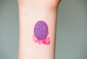 A single fingerprint in vibrant purple and pink hues, fading into a delicate watercolor background, symbolizing individuality and love tattoo idea