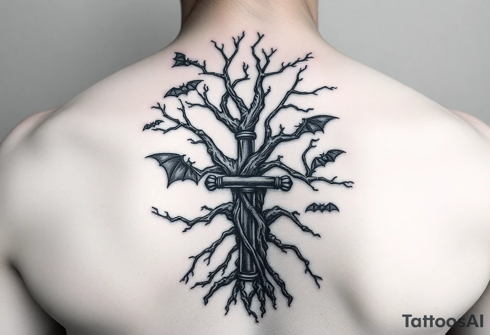 poison tree wrapped around an ankh with bats flying around the tree forearm tattoo tattoo idea