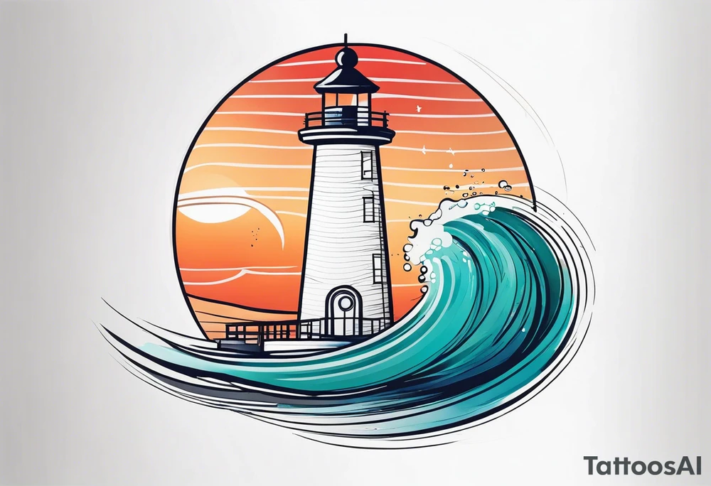 lighthouse fluid lines and circle framed, colored a bit realistic tattoo idea