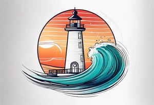 lighthouse fluid lines and circle framed, colored a bit realistic tattoo idea