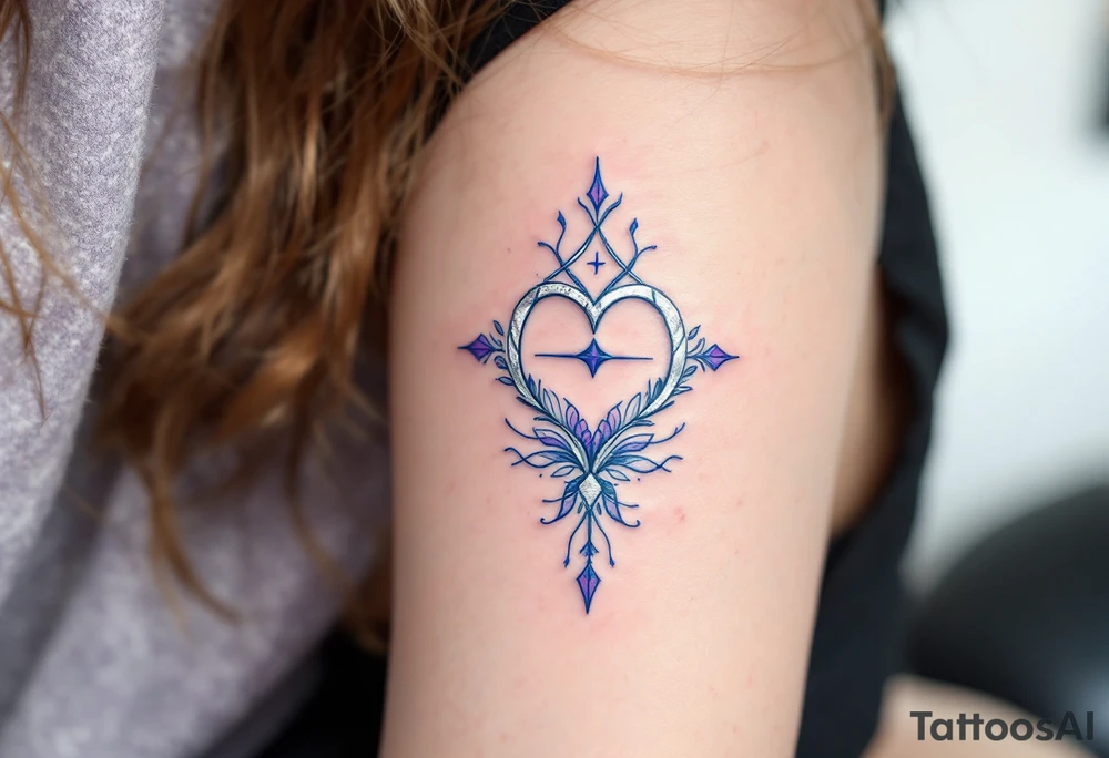 A silver  ᚹ love rune with blue accents, surrounded by violet tattoo idea