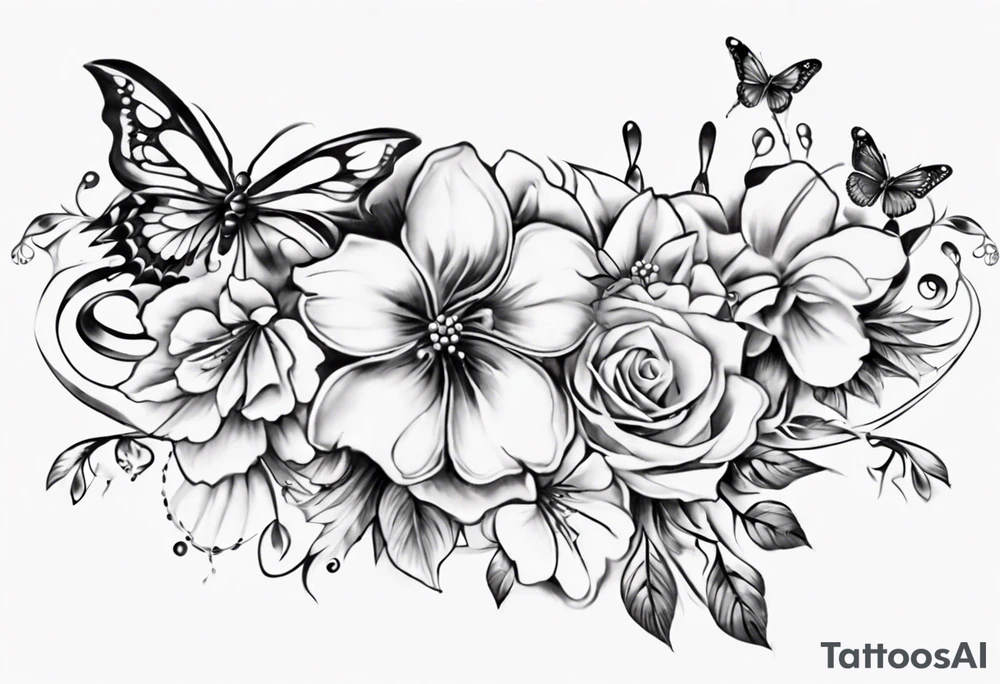 Ankle bracelet tattoo with flowers and butterflies tattoo idea