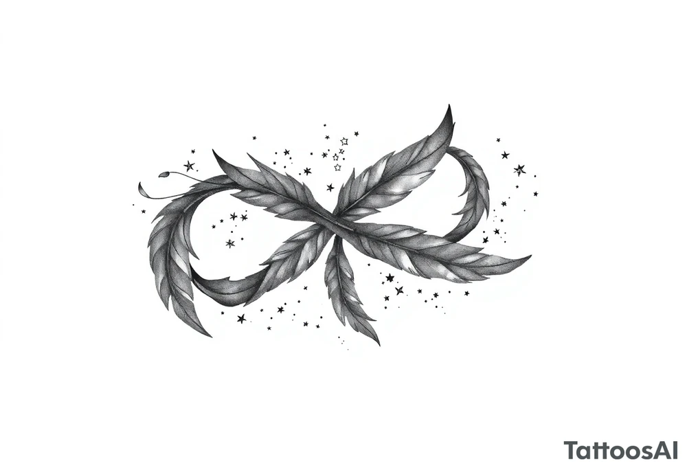 infinity symbol woven with floating feathers and stardust tattoo idea