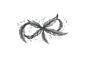 infinity symbol woven with floating feathers and stardust tattoo idea