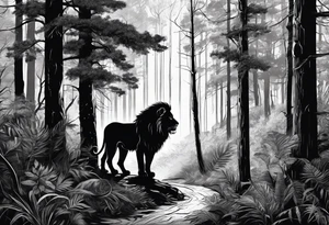 realistic black and gray  dark 
forest with a small lion walking into the forest with a spiritual component tattoo idea