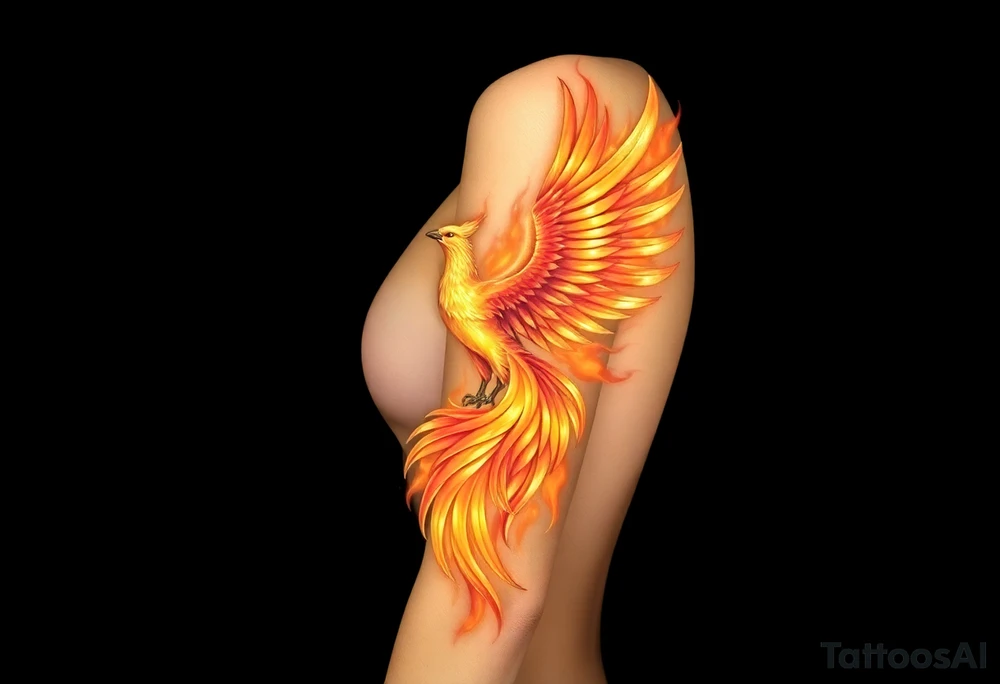 magnificent phoenix rising from golden flames with trailing embers tattoo idea
