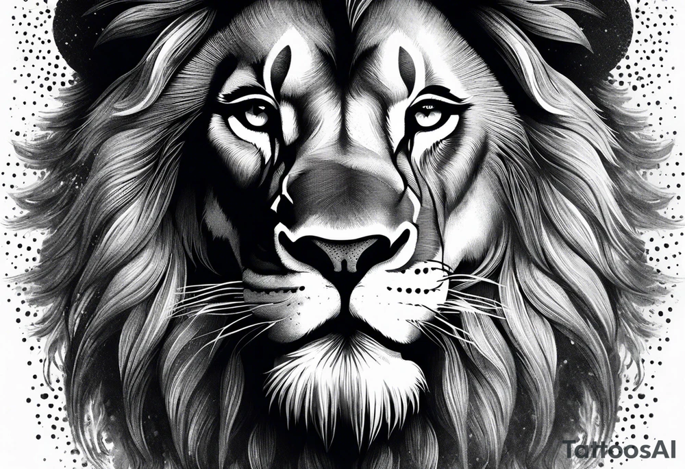 A roaring lion’s face with a flowing mane, emphasizing strength and courage, detailed fur textures tattoo idea