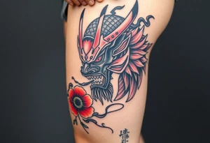 Big Rouge ronin to cover the entire thigh with smoke coming out of its mouth with 11b tattooed under its left eye with 1 poppy on each side of the ronin tattoo idea