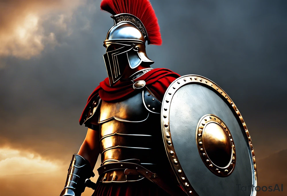 a roman soldier from AD 60, wearing armor which must include an armoured belt, breastplate, armoured shoes, shield, helmet and sword.
the soldier must look strong. the soldier is faceless. The image must include the full person, not just the top half. The soldier is mid-battle, fending off flaming arrows with his shield tattoo idea