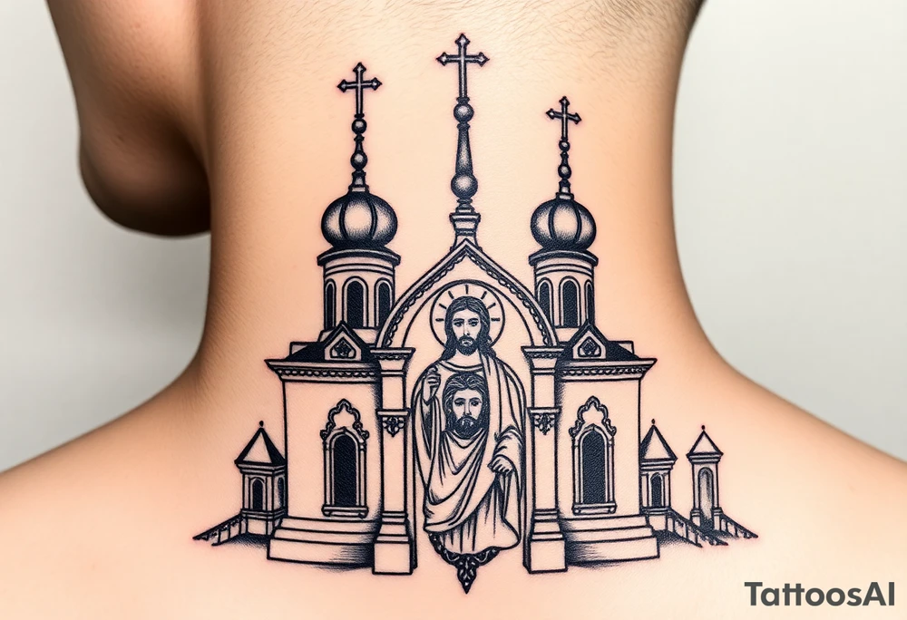 medium sized Russian orthodox church with bulb domes with a prominent russian orthodox mosaic jesus tattoo idea