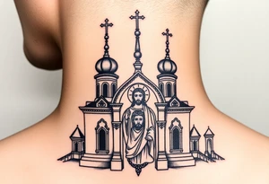 medium sized Russian orthodox church with bulb domes with a prominent russian orthodox mosaic jesus tattoo idea