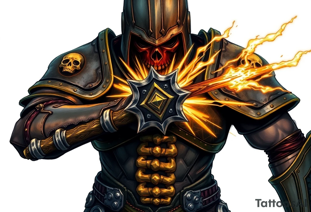 Warhammer, the Old World. A warrior priest of Sigmar holding The Warhammer of Sigmar. The Warhammer of Sigmar is radiating thunderous energy. The Warhammer is held by the warrior priest with both hands at the shaft with a firm grip, upon his chest level. The Warrior priest is wearing dark alloyed heavy armour (reference armor from warhammer vermintide 2 Victor Saltzpyres, the warrior priest of Sigmar class) with skull sigils on his shoulder pads. The warrior priest is wearing a helmet, while the helmets front visor has an humanoid face covering. The helmet and armour are gladened with hints of gold and crimson red. The Warhammer is silverish and golden with a long shaft with twisted carvings. tattoo idea