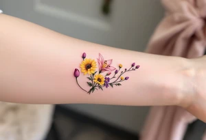 Dainty stargazer lillies in light pink with no outline with small yellow sunflowers and purple tulip buds in a dainty wildflower bouquet with stems tattoo idea