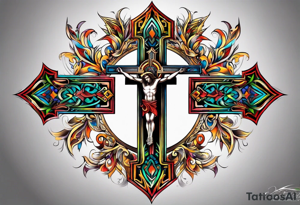 Colourful tribal crucifix tattoo idea