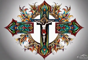 Colourful tribal crucifix tattoo idea