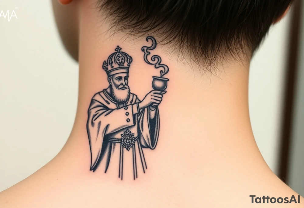 A Russian Orthodox Priest in full gold vestments swinging a censer with smoke curling upward tattoo idea