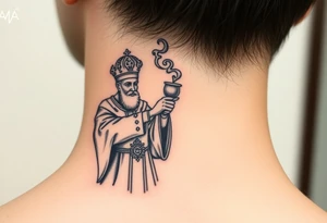 A Russian Orthodox Priest in full gold vestments swinging a censer with smoke curling upward tattoo idea