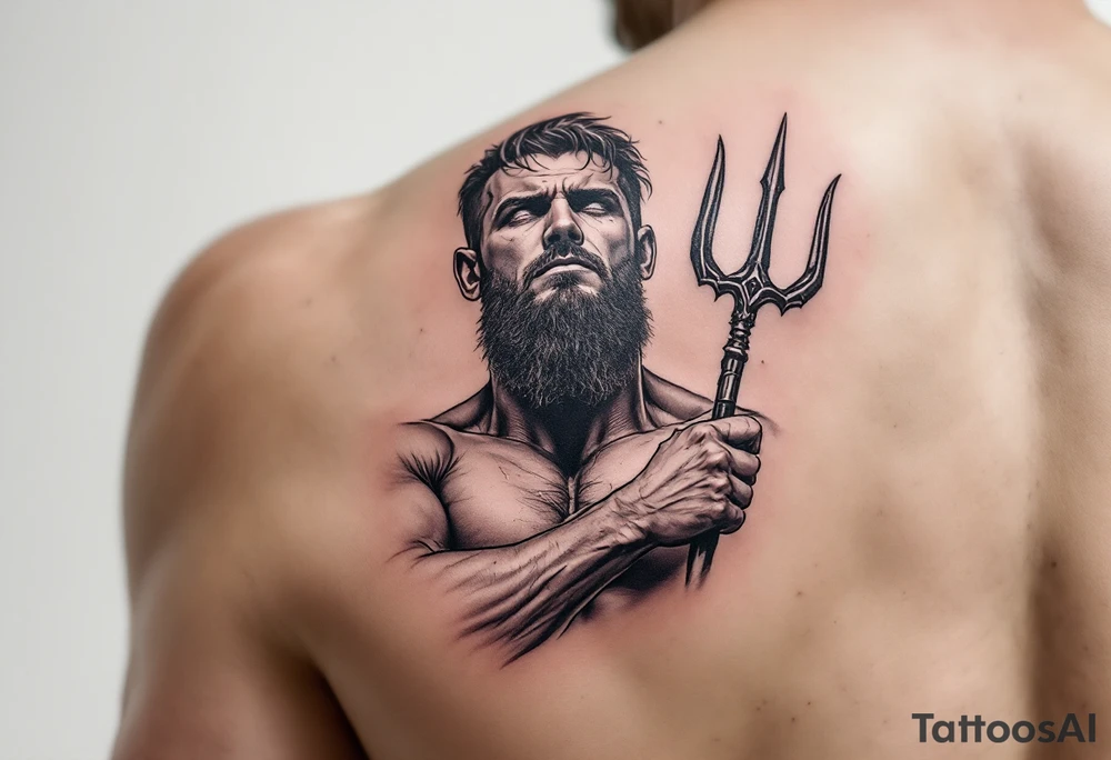 close-up muscular man with trident tattoo idea