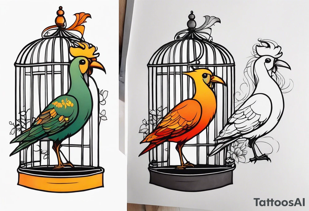 neo traditional decoration only on the left side, on the top of a long bird cage with a too big bird in it tattoo idea