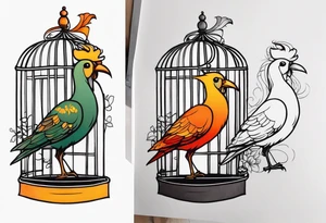 neo traditional decoration only on the left side, on the top of a long bird cage with a too big bird in it tattoo idea