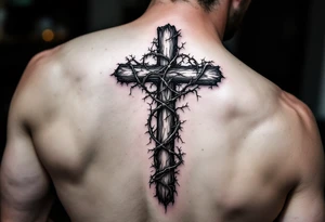 A detailed upside down cross with thorny vines wrapping around it, darkened with black ink and deep purple shadows, symbolizing struggle and resilience. tattoo idea