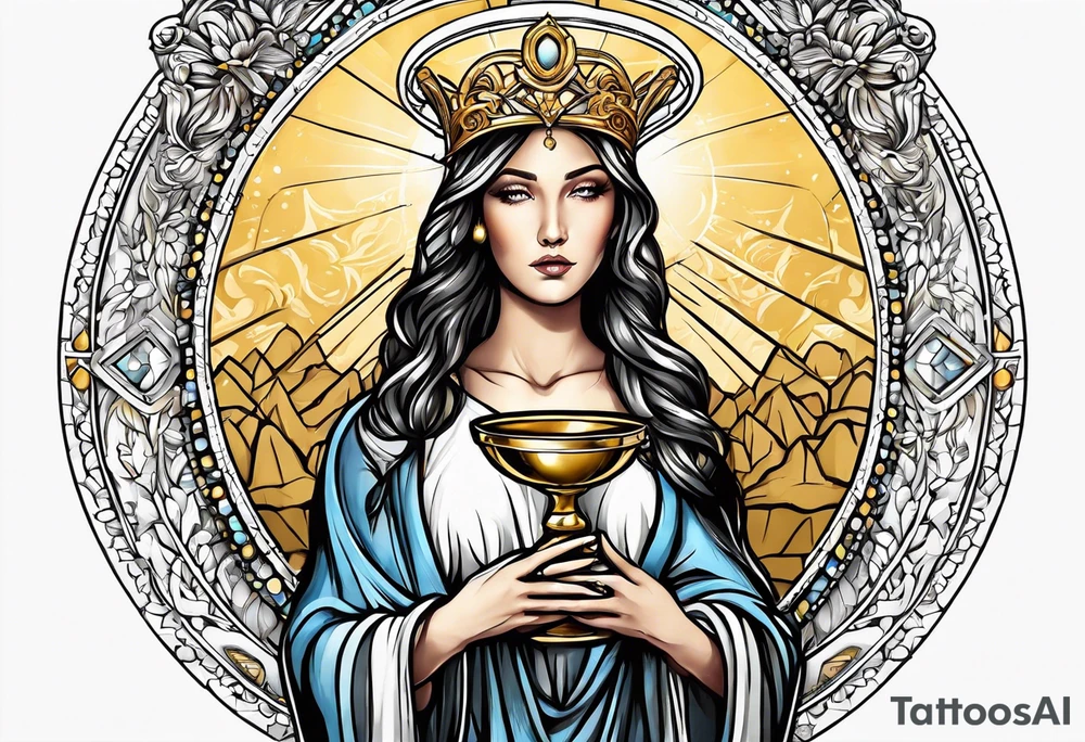 holy saint woman with golden halo holding a chalice tattoo idea