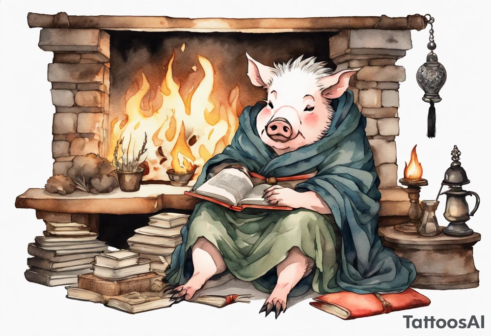 an old boar sitting by the hearth reading a book tattoo idea