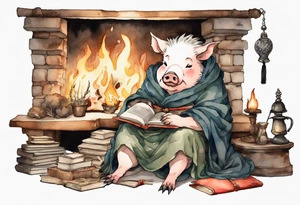 an old boar sitting by the hearth reading a book tattoo idea