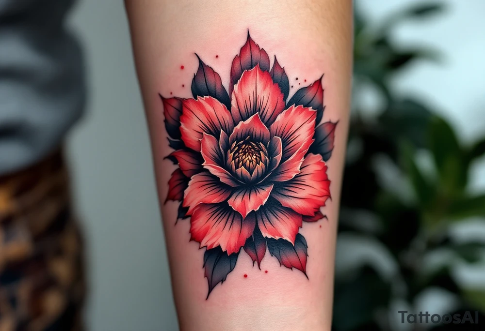 red  and black rhododendron trippy with mandala behind tattoo idea