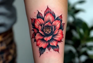 red  and black rhododendron trippy with mandala behind tattoo idea
