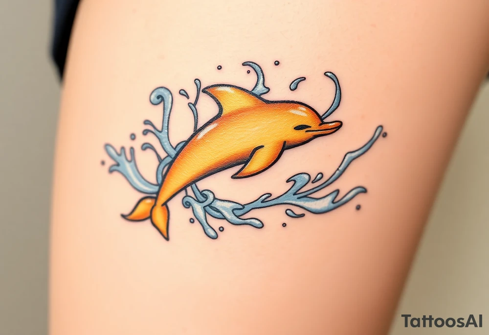 A golden dolphin silhouette, surrounded by swirling white and silver water splashes tattoo idea
