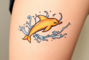 A golden dolphin silhouette, surrounded by swirling white and silver water splashes tattoo idea