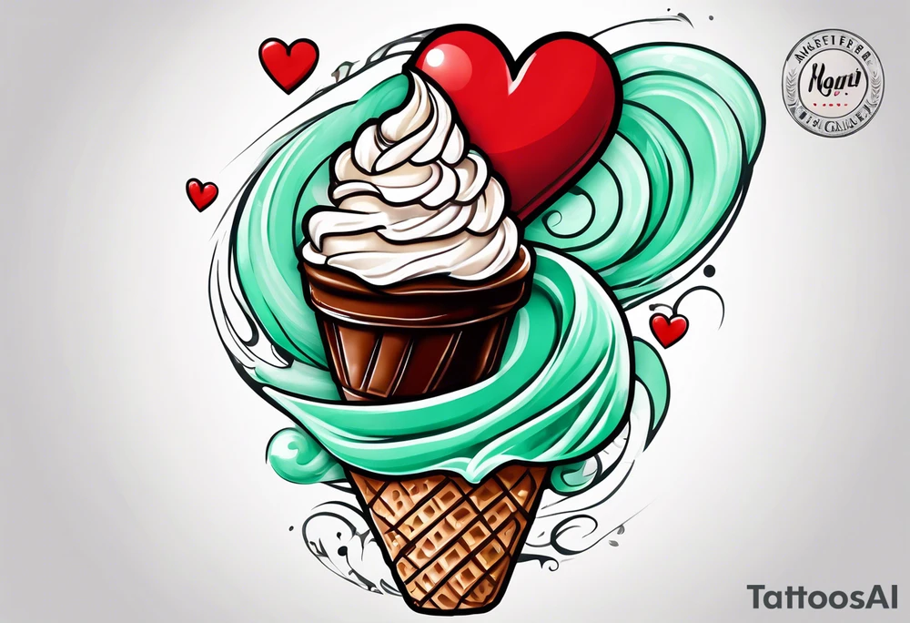 simple mint chocolate chip ice cream cone with small red heart on it somewhere. tattoo idea