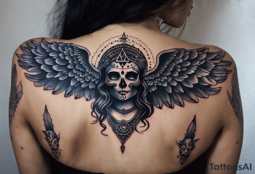 black kali, goddess pirate, alien, angel, pachamama, valkrye, warrior, flying, skull, lotus azul, wing, eagle, zenza resonance, stars, 5D, anahata chakra, death, durga, riding on a tiger, flying lady, chest tatoo tattoo idea