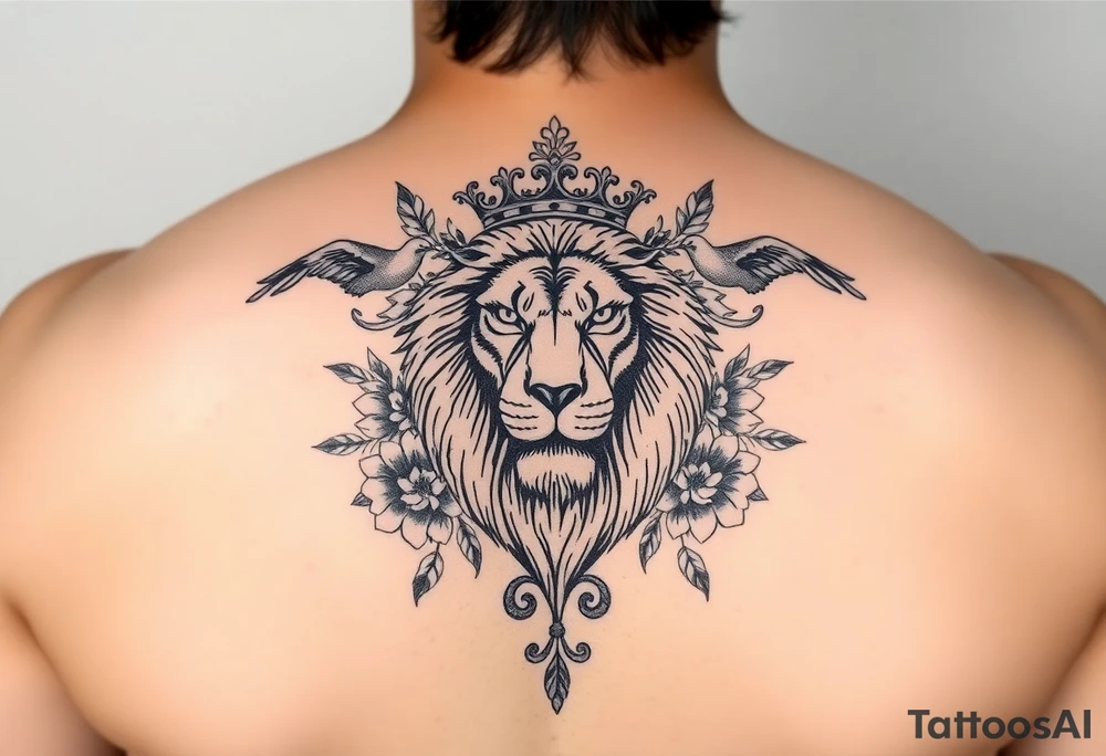 powerful majestic lion with a crown, surrounded by floral ornaments and birds tattoo idea